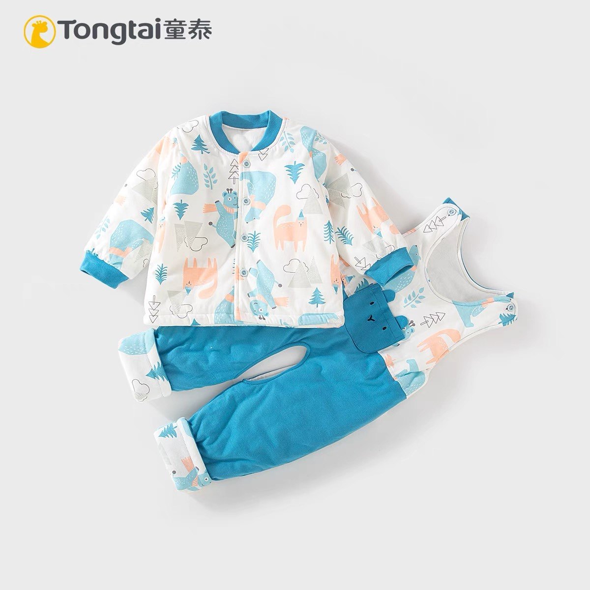 童泰秋冬新品男女宝宝加厚加棉立领上衣+开裆背带裤套装外出棉套