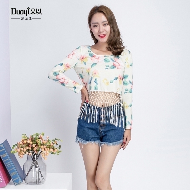 duoyi朵以2019春装新款正品印花流苏衬衣女长袖打底衫短款6C