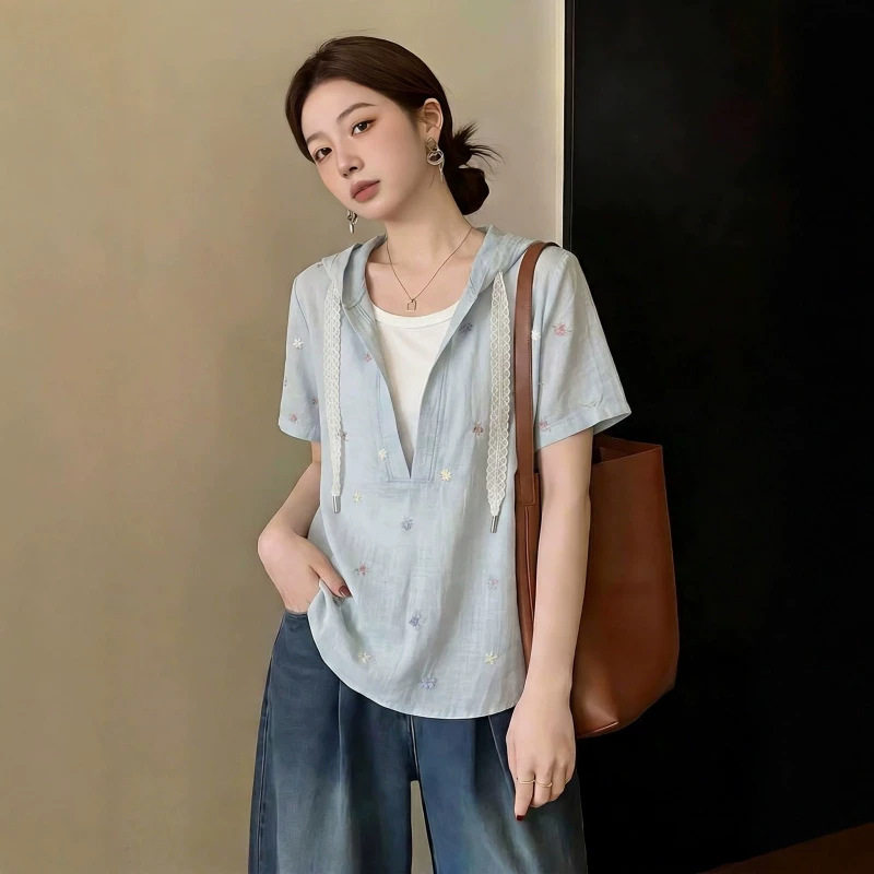 假两件拼接连帽短袖衬衫女夏大码胖MM减龄百搭遮肚子小外套A11803