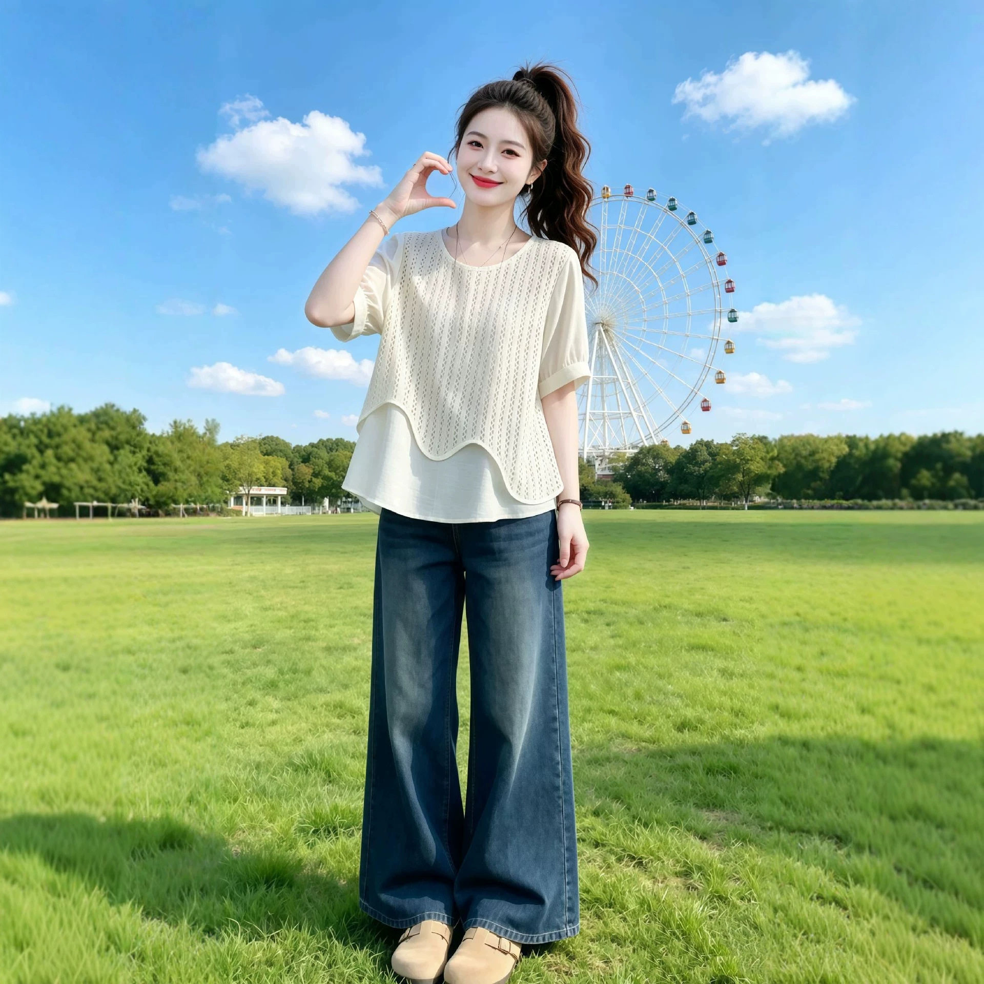 夏季女新款韩版时尚不规则镂空假两件洋气显瘦短袖衬衫t恤A11821