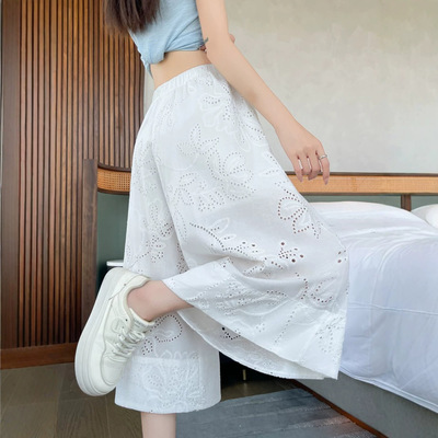 白色蕾丝镂空休闲裤女夏季薄款高腰宽松阔腿裤小个子七分裤A11790
