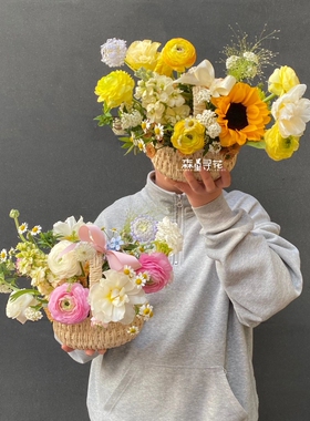 教师节纸绳手提花篮田园风花篮插花女神节礼物手提篮子花艺花店