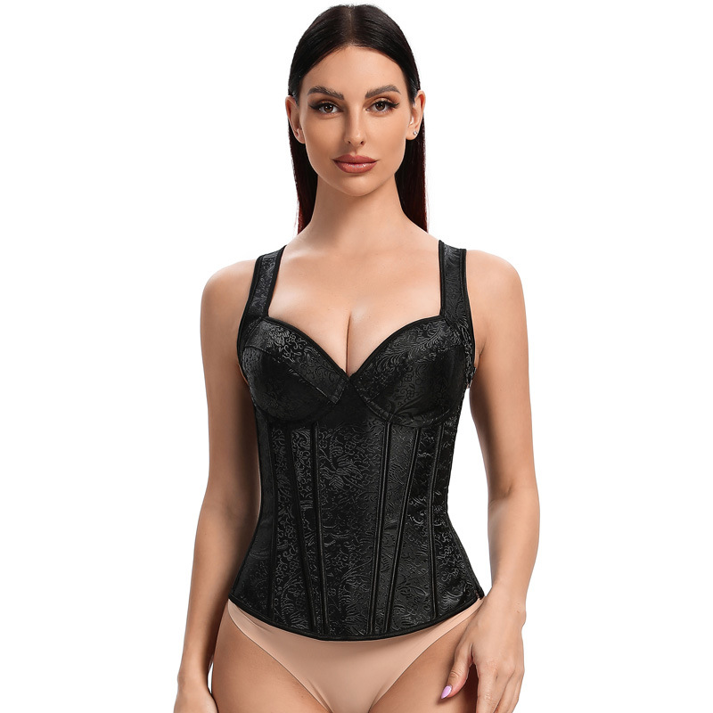 欧美宫廷塑身衣提花带肩带束身衣corset