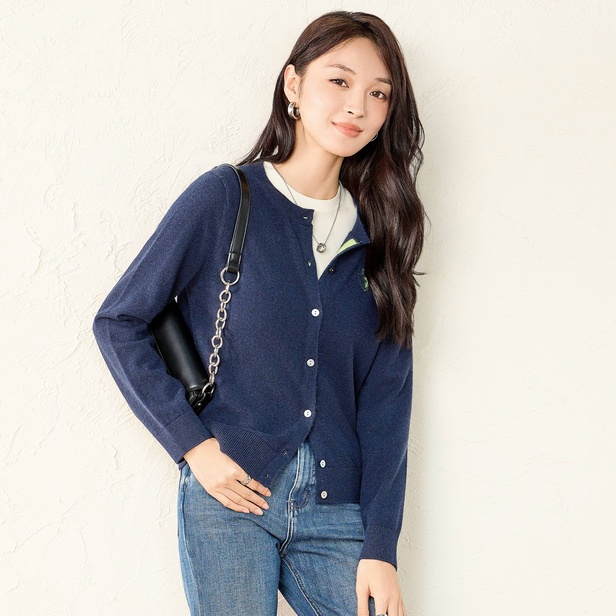 春竹圆领羊绒开衫女25秋新款新100%山羊绒百搭宽松针织毛衣外套