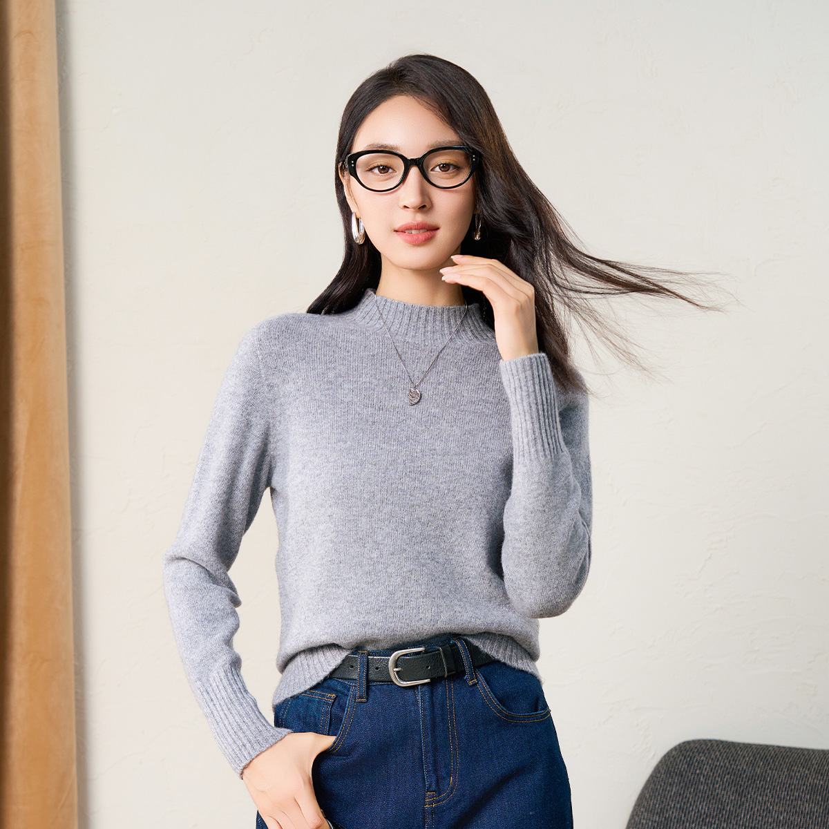 春竹秋冬新款100%纯羊毛高级感纯色时尚百搭半高领打底毛衣女