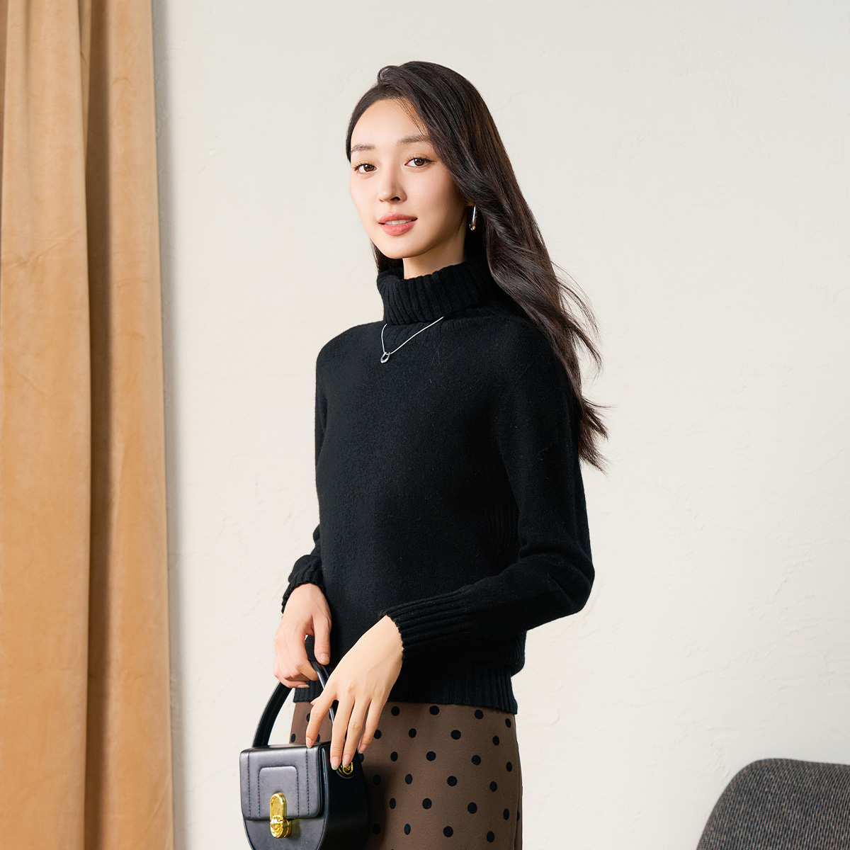 春竹冬季新款时尚百搭长袖针织衫两翻领女套衫羊毛衫女士毛衣