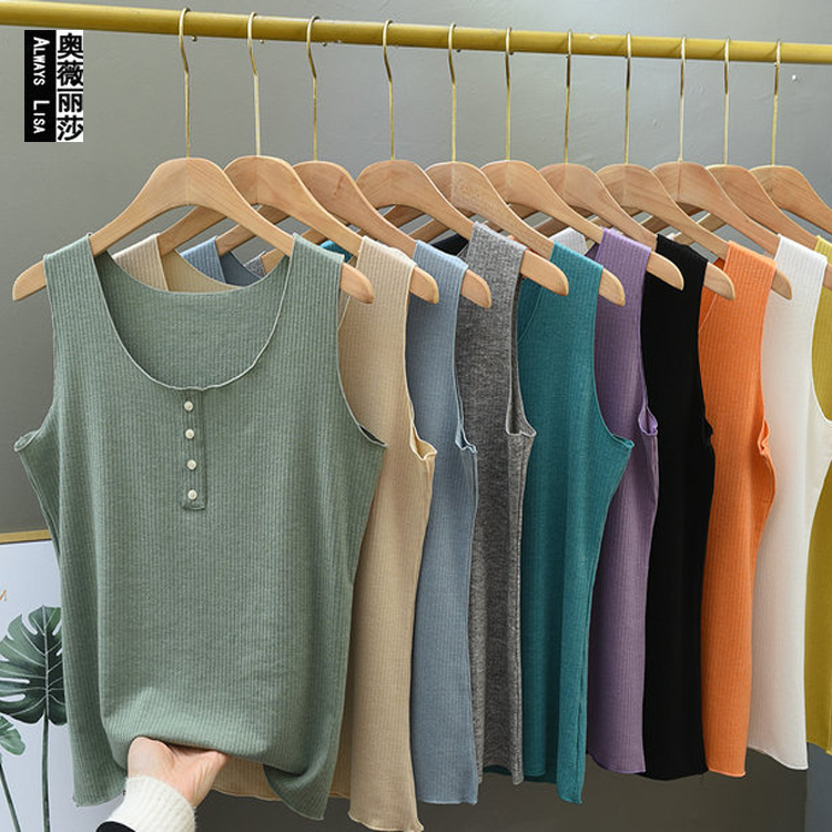 外穿无袖打底衫女夏莫代尔螺纹大码吊带背心圆领薄款显瘦5扣上衣