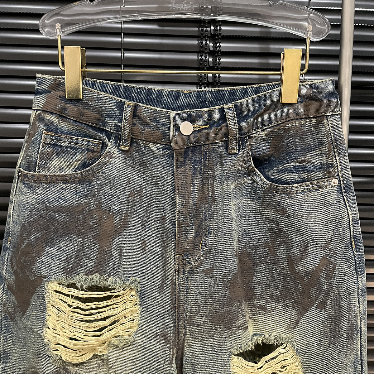 付新博女装正洳西做旧脏脏破洞牛仔裤女复古扎染阔腿裤长裤12886