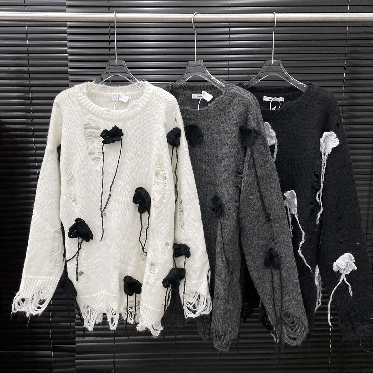 付新博女装立体花朵毛衣女小众设计宽松休闲长袖针织衫上衣14768