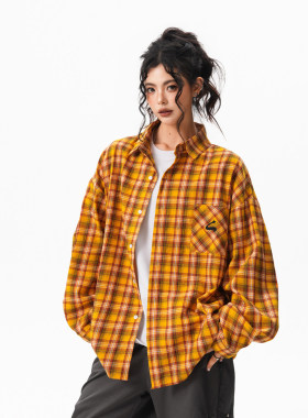 BWKA夏季多巴胺黄色格子衬衫女男宽松休闲 慵懒风百搭衬衣外套情
