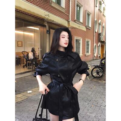 黑色皮衣女中长款秋款韩