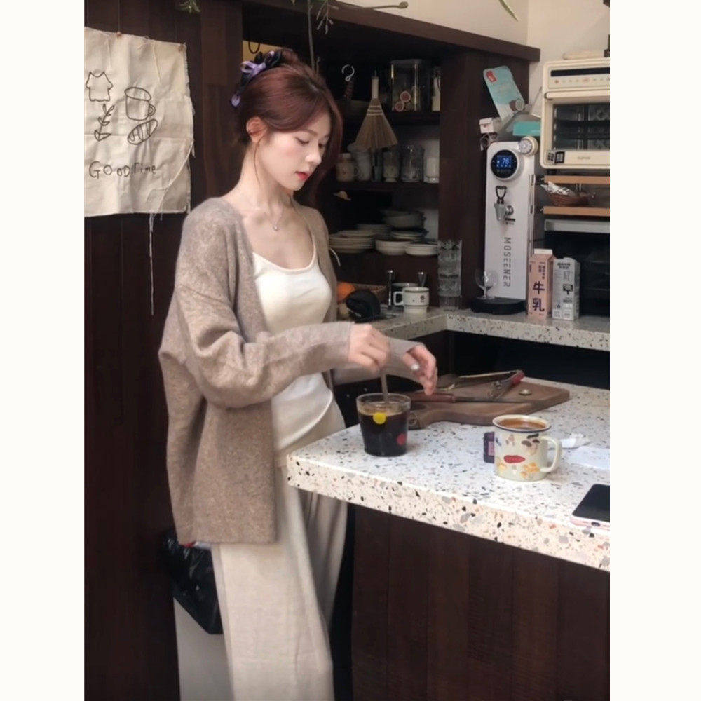 韩系慵懒软糯温柔风奶咖马海毛针织开衫女春季新款宽松外套上衣