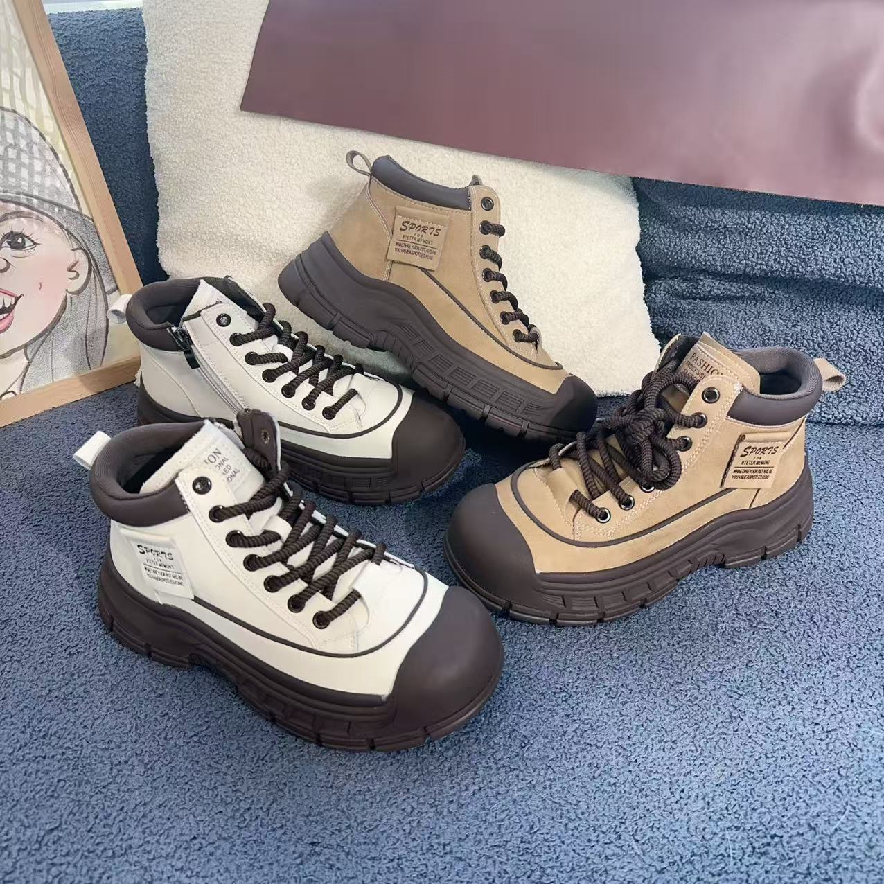 英伦风加绒手抓纹高端羊皮棉靴