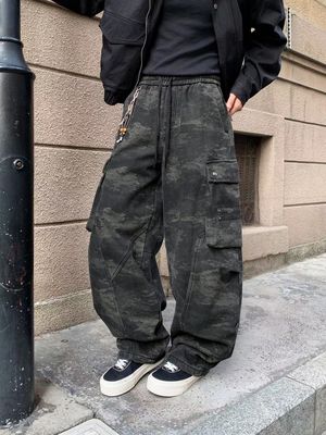 美式复古迷彩工装裤男款多口袋设计感宽松直筒伞兵裤子加绒加厚潮