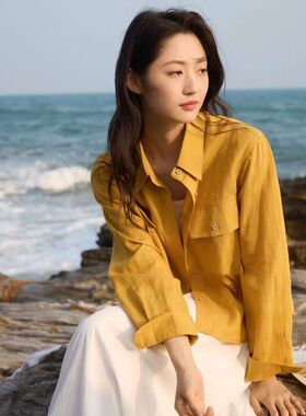 26春季新款翻领双口袋亚麻长袖衬衫宽松显瘦百搭工装风衬衣25886