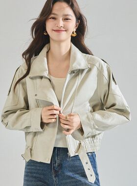 26春装新款设计感翻领pu皮衣女短款宽松腰带机车风外套29130
