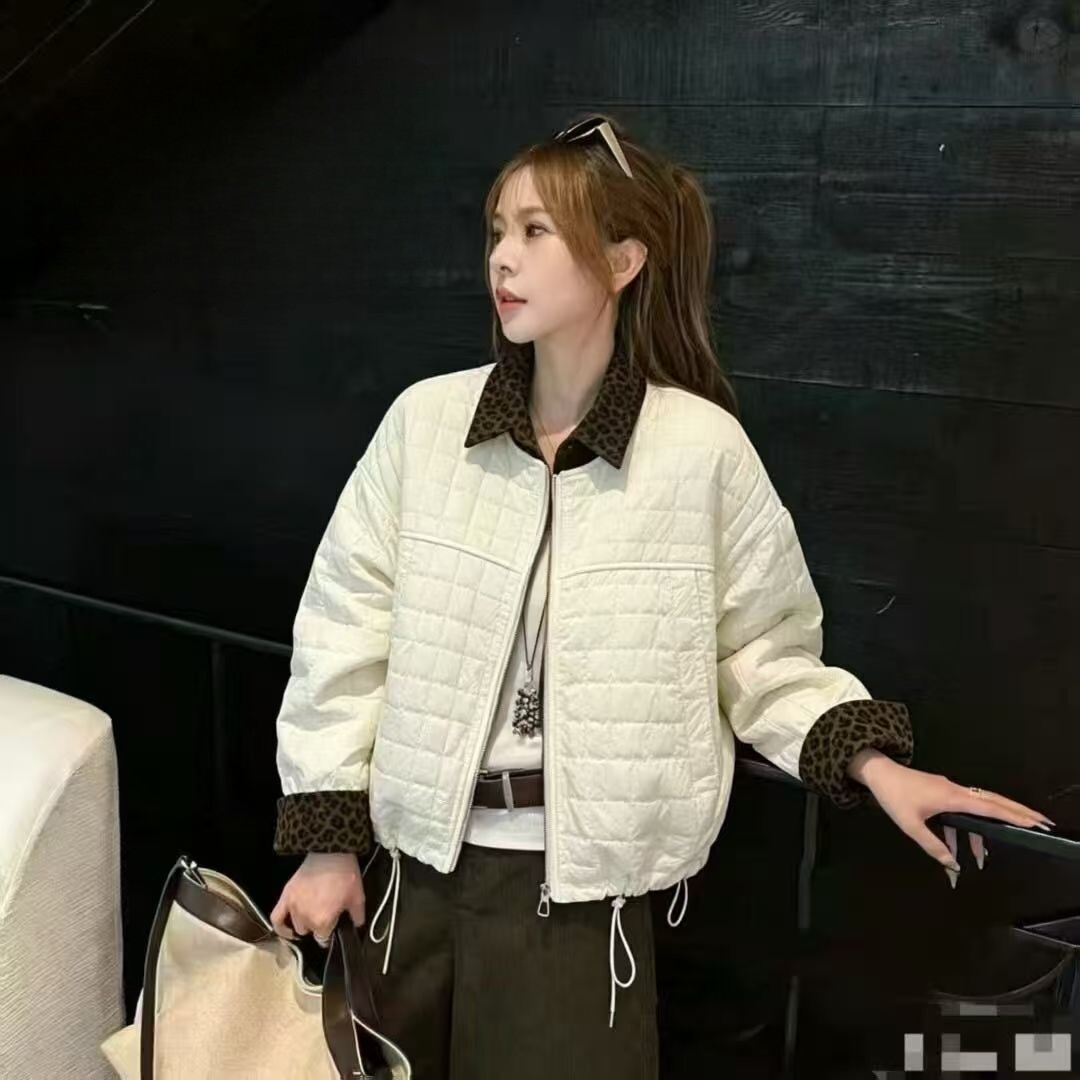 复古风菱格纹假两件棉服女短款格子翻领加厚外套休闲宽松轻薄棉衣