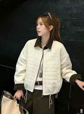 复古风菱格纹假两件棉服女短款格子翻领加厚外套休闲宽松轻薄棉衣