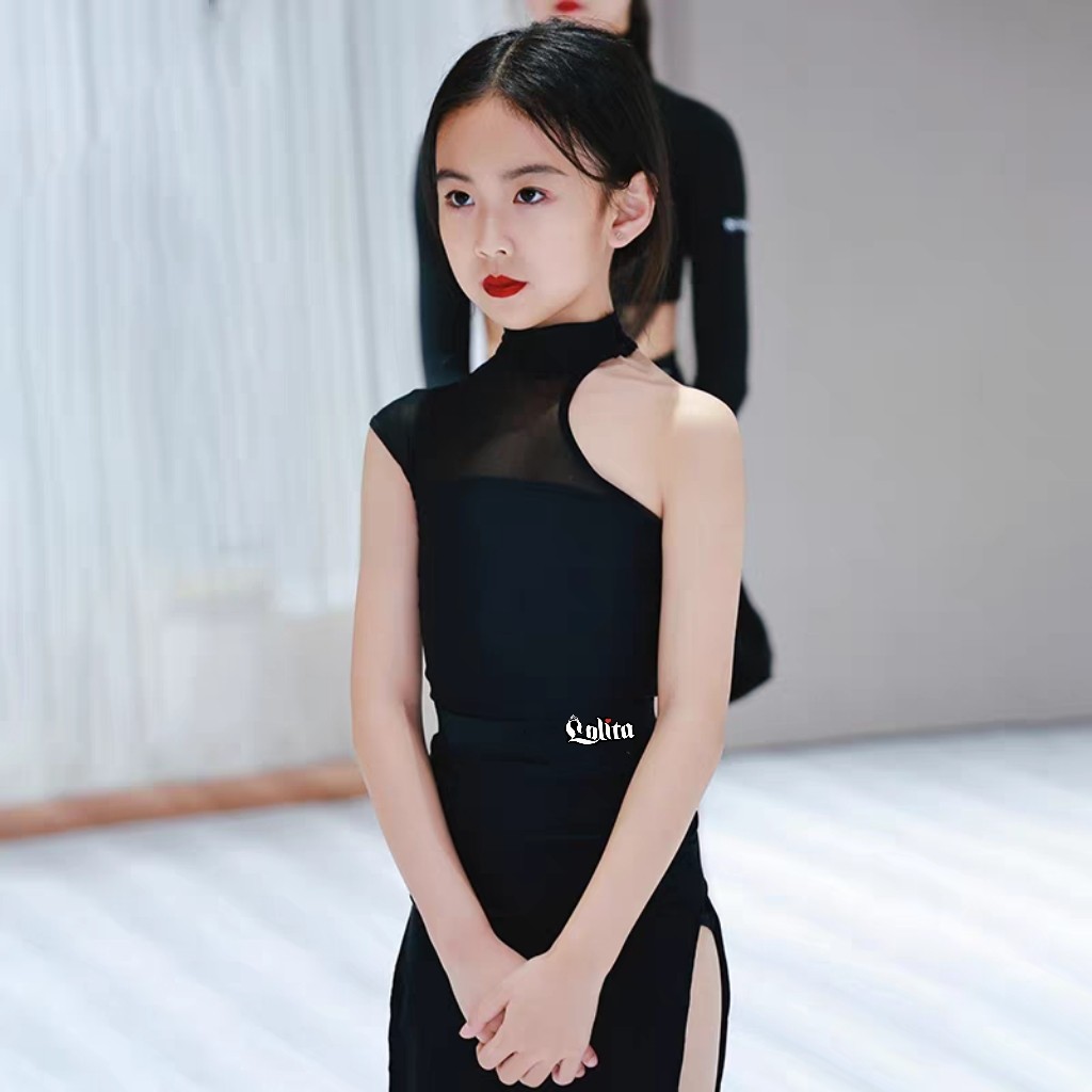 女童拉丁舞练功服儿童不规则亲肤网纱上衣半裙训练服专业舞蹈套装