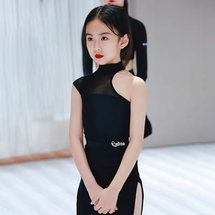 女童拉丁舞练功服儿童不规则亲肤网纱上衣半裙训练服专业舞蹈套装