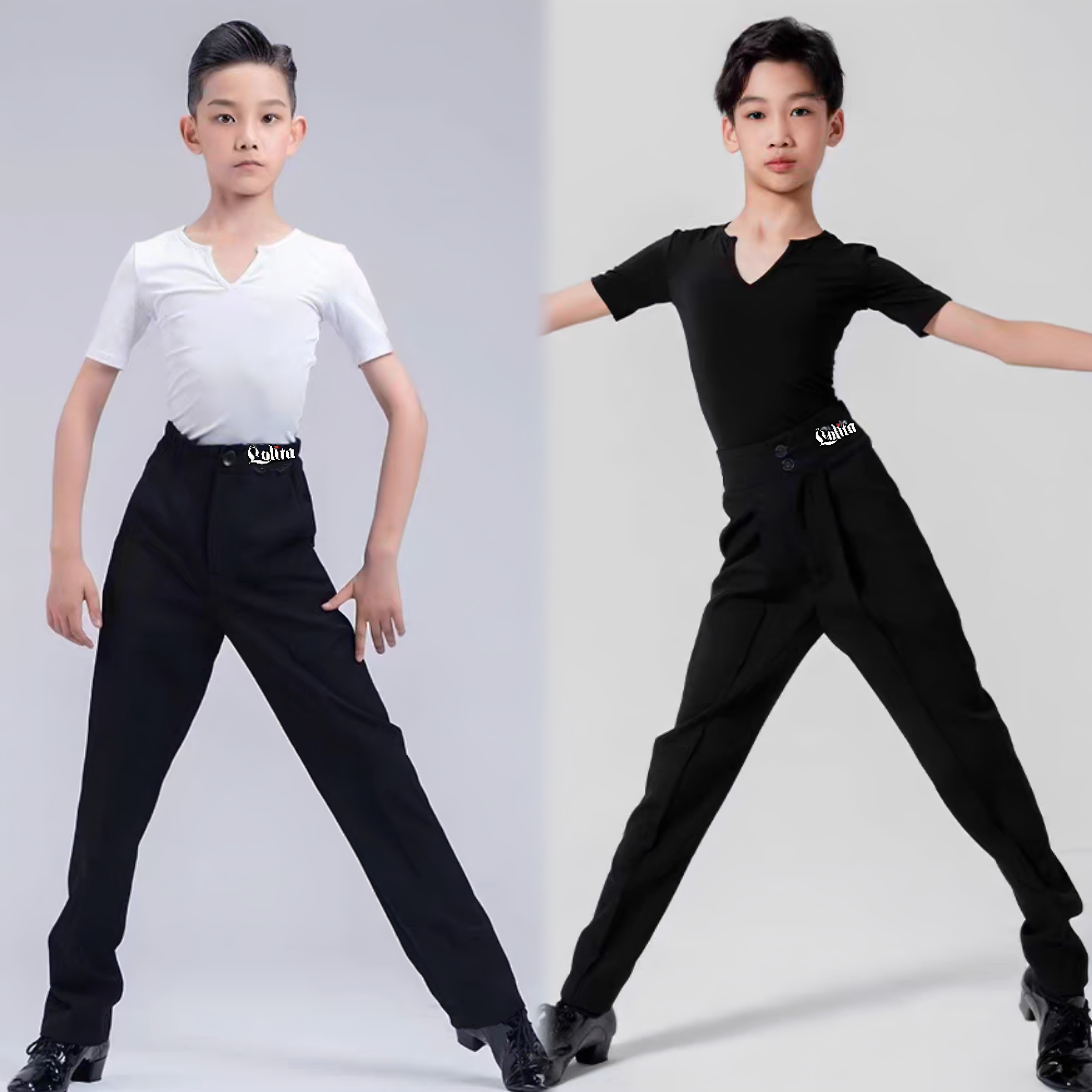 新款男少儿拉丁舞服小V领短袖长袖拉丁舞黑色上衣长裤演出练习服