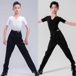新款男少儿拉丁舞服小V领短袖长袖拉丁舞黑色上衣长裤演出练习服