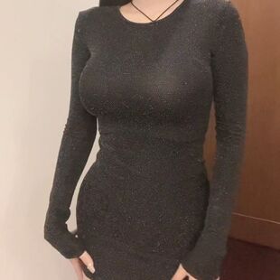 紧身修身包臀裙银丝高弹裙夜店弯腰即透性感包臀连衣裙显身材长袖
