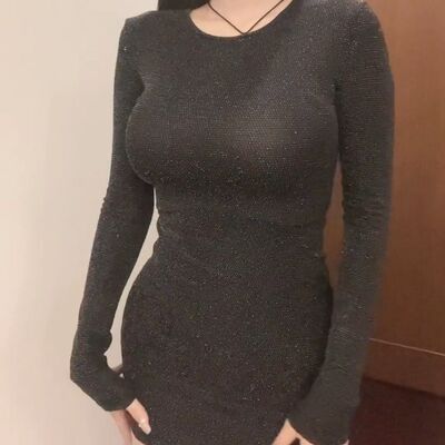 紧身修身包臀裙银丝高弹裙夜店弯腰即透性感包臀连衣裙显身材长袖