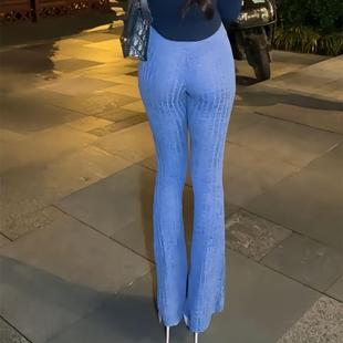 超薄辣妹喇叭裤女裆部拉链弯腰透内高腰打底裤弹力包臀紧身擦边女