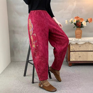 加绒加厚保暖裤 25冬款 民族风哈伦刺绣提花棉裤 女宽松韩版 子 棉裤