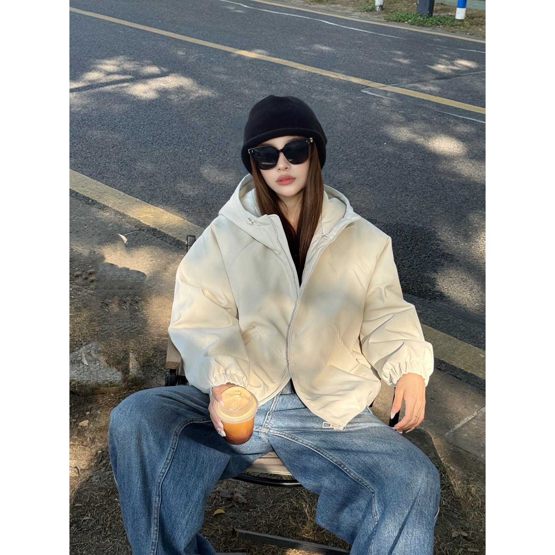 玫红色加棉连帽拉链冲锋衣外套女秋冬新款设计感宽松工装夹克外套