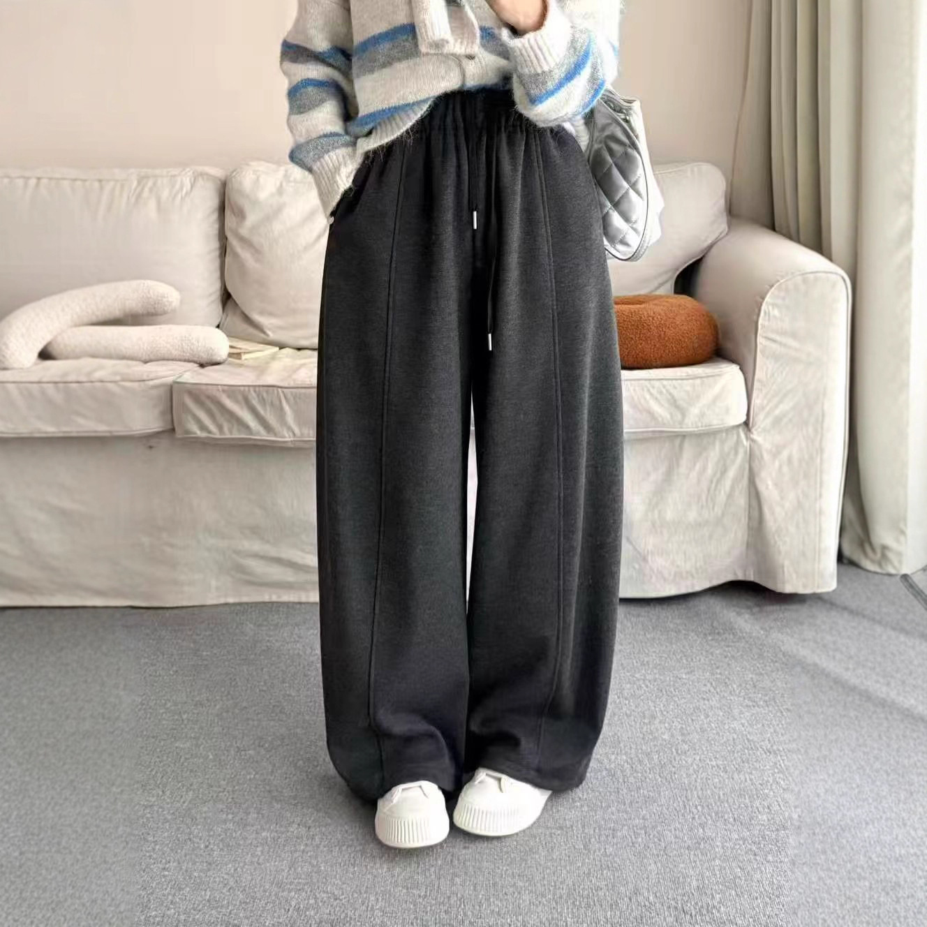 25棉裤女加绒加厚保暖松紧腰裤子复合蚕丝羊绒棉裤学院风弯刀棉裤