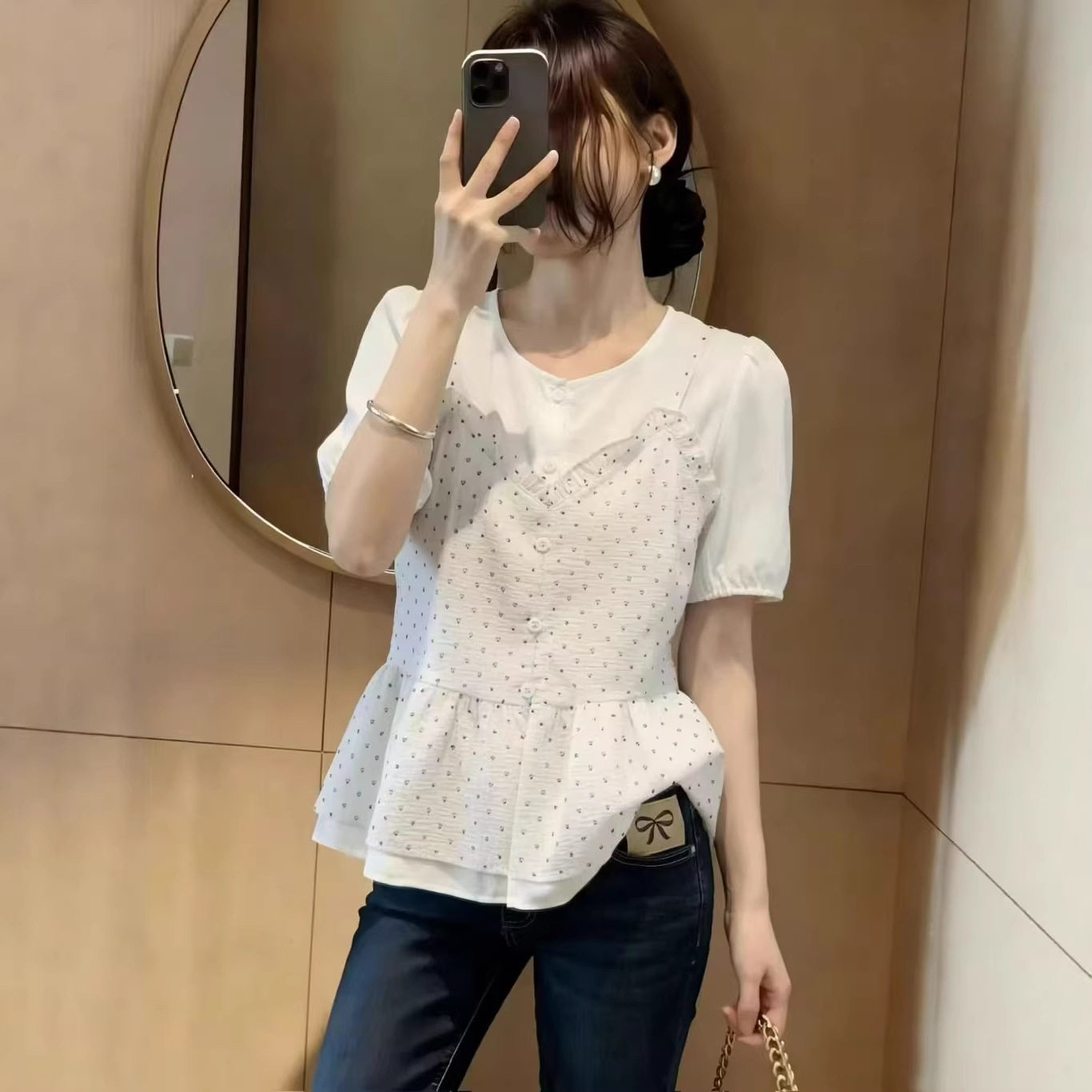 浅蓝色假两件波点短袖衬衫女2026新款夏季大码胖mm娃娃衫正肩上衣