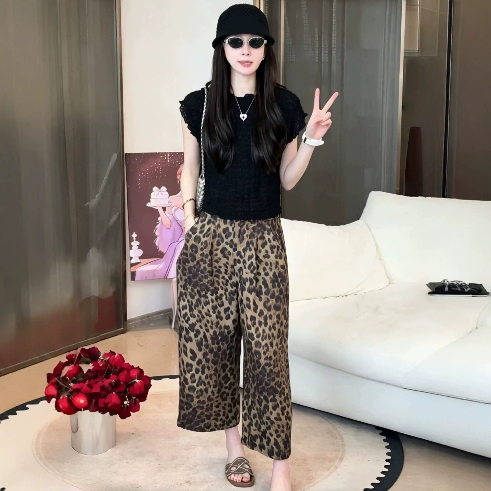 韩版复古高腰豹纹阔腿裤女夏季宽松显瘦九分裤百搭气质洋气休闲裤