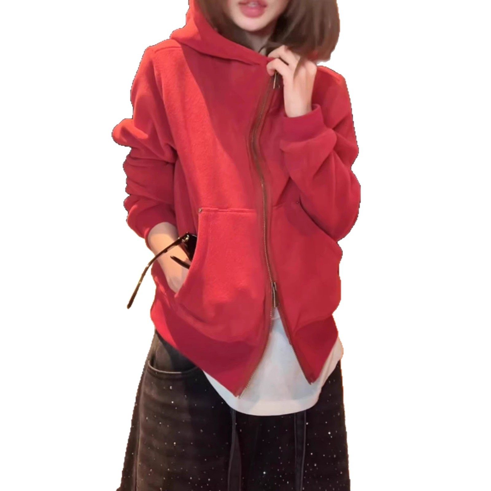 新年红加绒红色连帽卫衣外套女秋冬2025新款设计感双拉链修身上衣