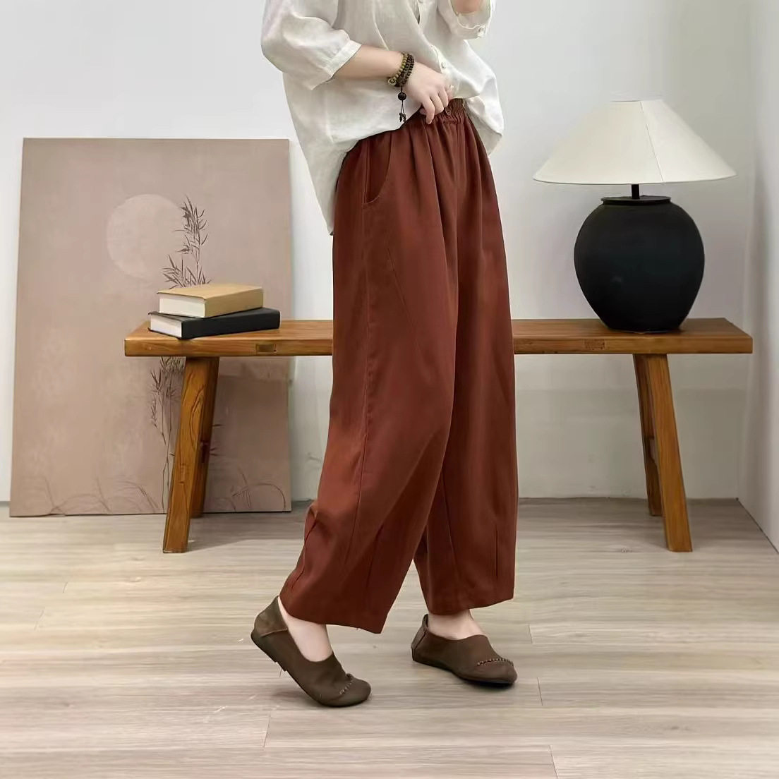 2026年春款休闲裤女亚麻哈伦裤九分裤松紧腰裤子韩版亲肤裤子亲肤