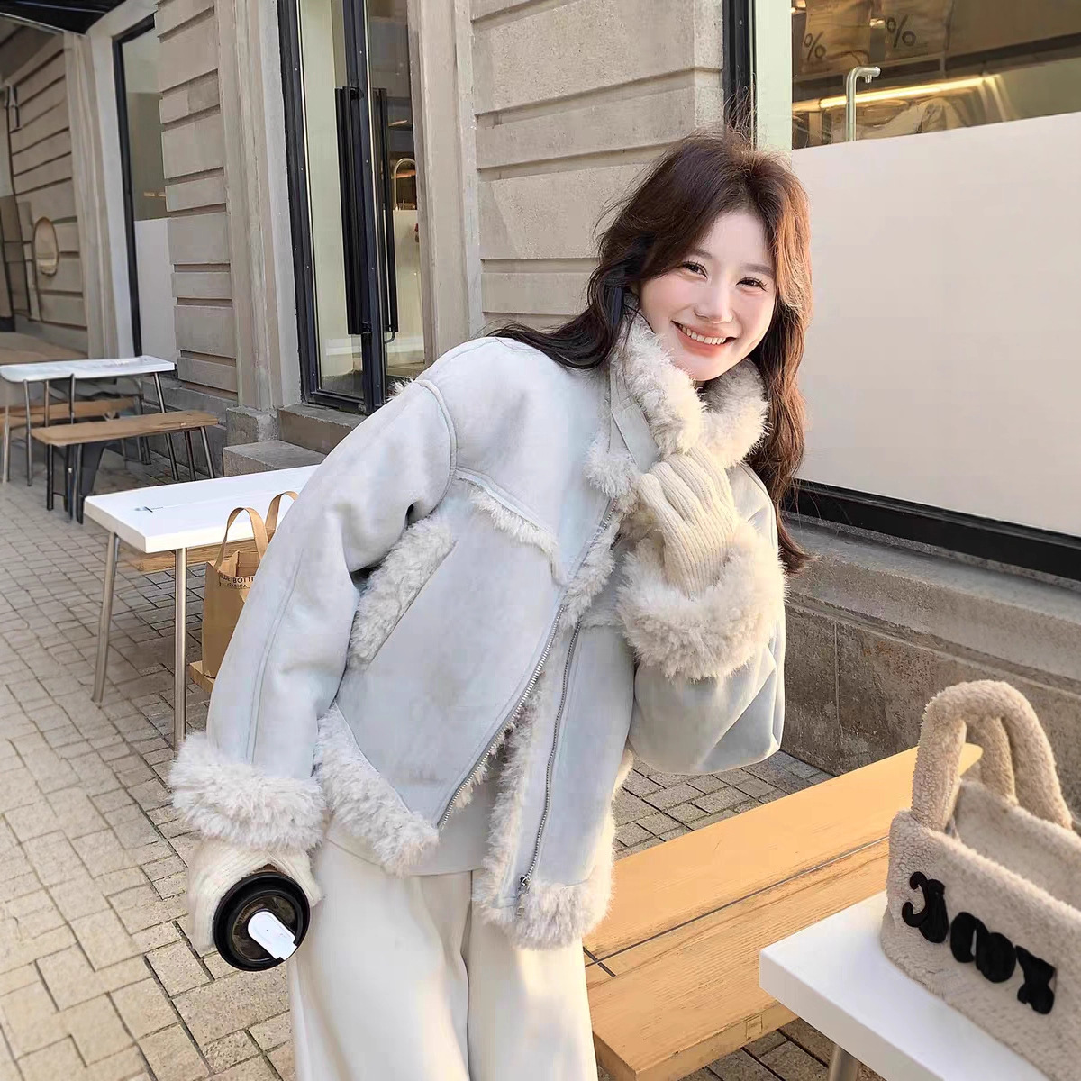 百搭皮毛一体麂皮绒外套女2025冬季加绒加厚保暖小个子短款夹克潮