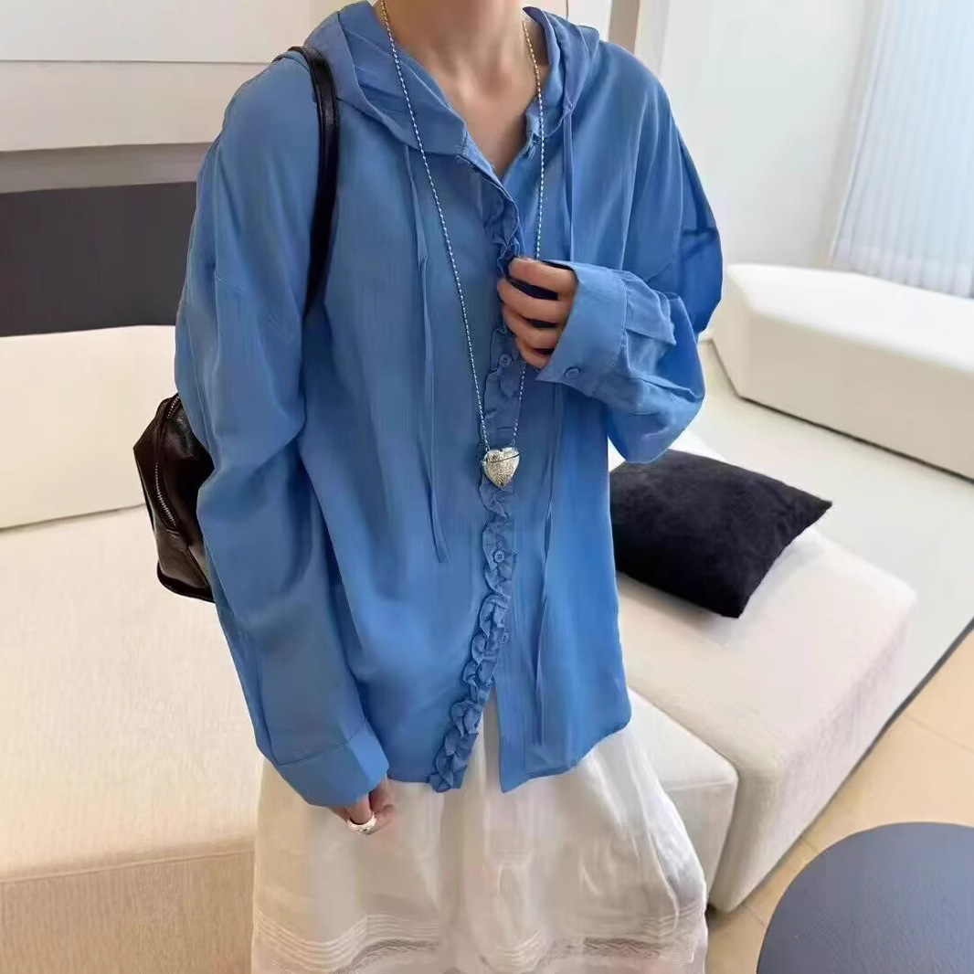 厂家直销欧货木耳边连帽长袖衬衫女25春夏宽松防晒衣上衣衬衣