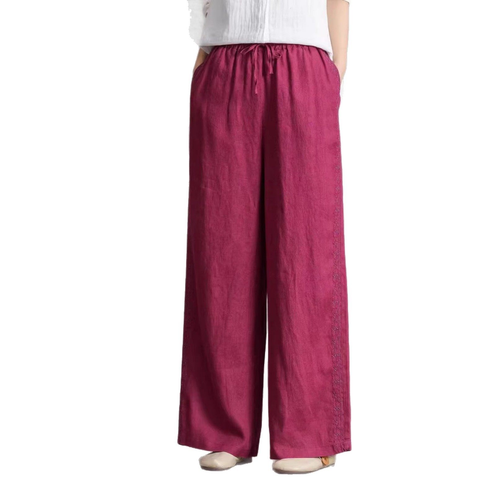 26春夏款亚麻裤女刺绣拼接宽松休闲直筒阔腿纯麻裤新款裤子松紧腰