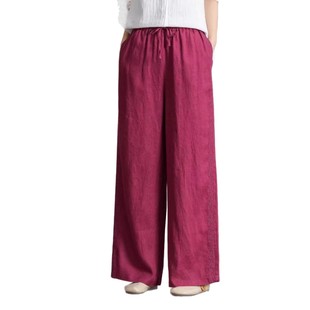 26春夏款亚麻裤女刺绣拼接宽松休闲直筒阔腿纯麻裤新款裤子松紧腰