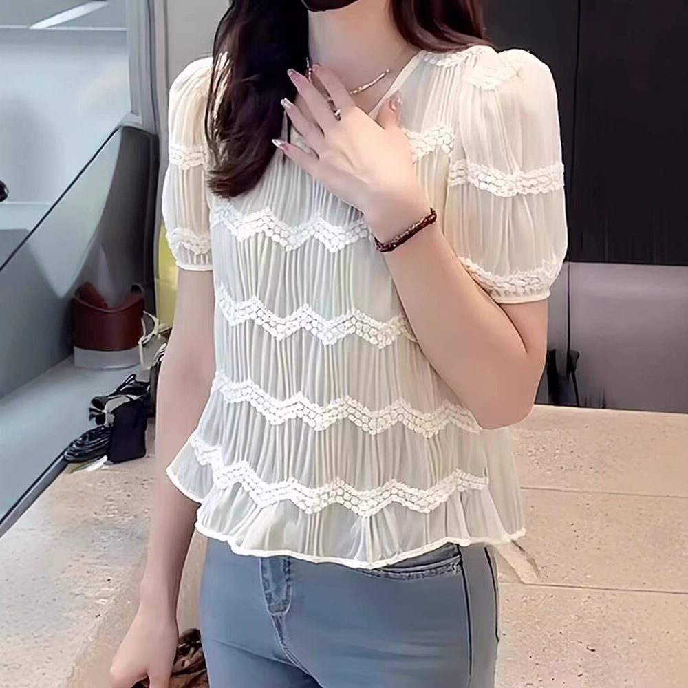 高级感白色蕾丝短袖t恤上衣女夏季新款小个子洋气显瘦体恤雪纺衫