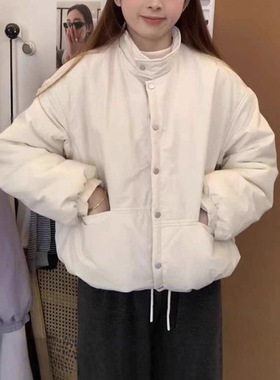 25冬季新款灰紫色棉服感立领按扣小个子厚棉衣外套韩版上衣女