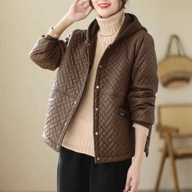秋冬新款皮衣外套女宽松休闲夹棉加厚加绒保暖开衫外套连帽菱形格