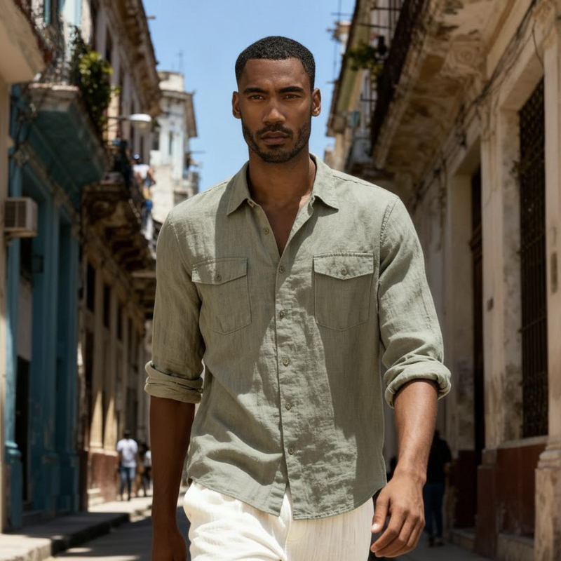 AK男装新款翻领口袋棉麻长袖衬衫