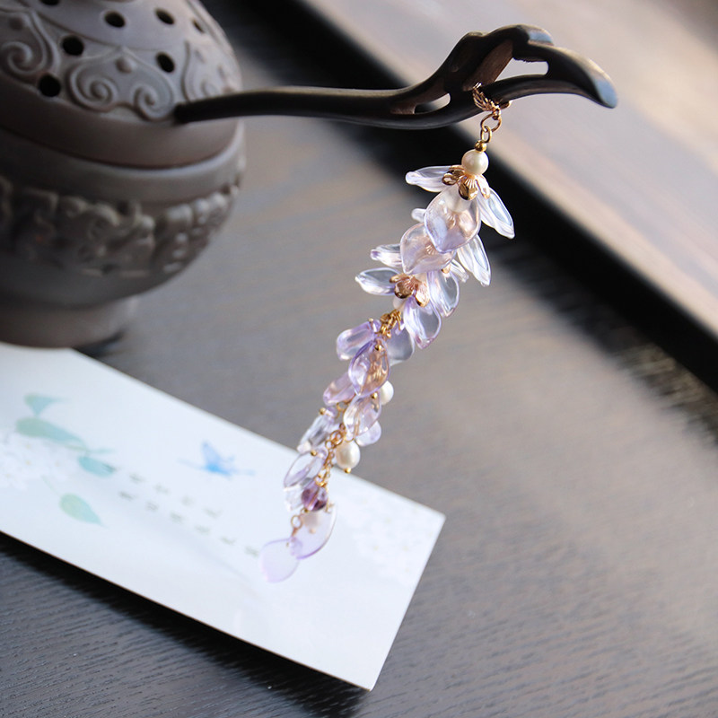 紫藤花黑檀木发簪长流苏步摇古代古风/国风配饰