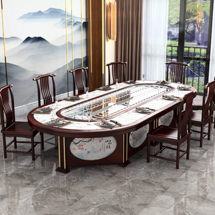 椭圆电动餐桌长方形回转酒店餐桌旋转小火锅桌子电磁炉一体仿岩板