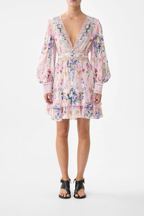 澳洲Camilla2026春夏新款淡粉色碎花经典V领长袖收腰真丝连衣短裙