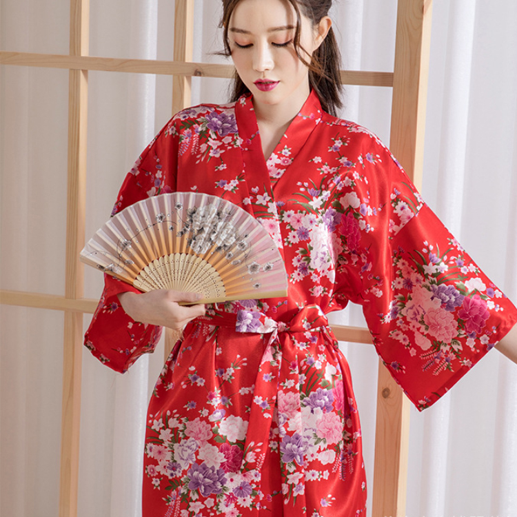 2021夏季新品日式碎花和服薄款仿真丝印花睡袍短款女士家居服