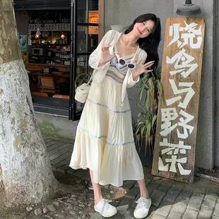 白色波西米亚连衣裙女夏季 防晒开衫 度假风遮肉显瘦吊带裙两件套装
