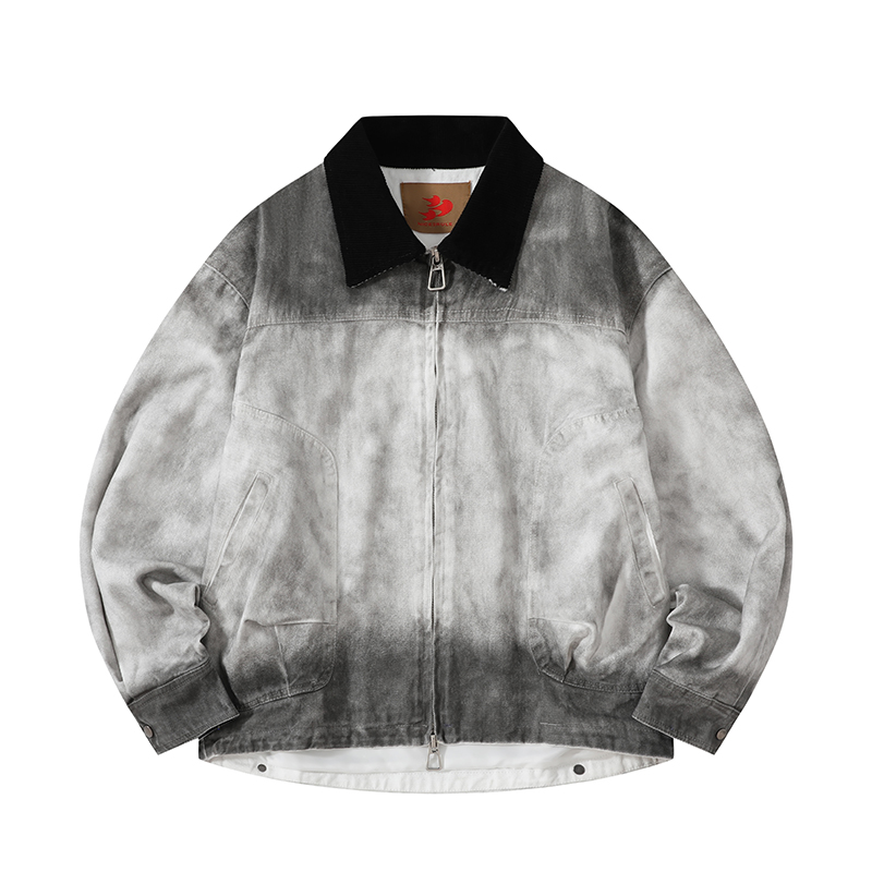 地卜师 美式高街做旧喷涂印花外套男2025春秋季宽松纯棉机车夹克